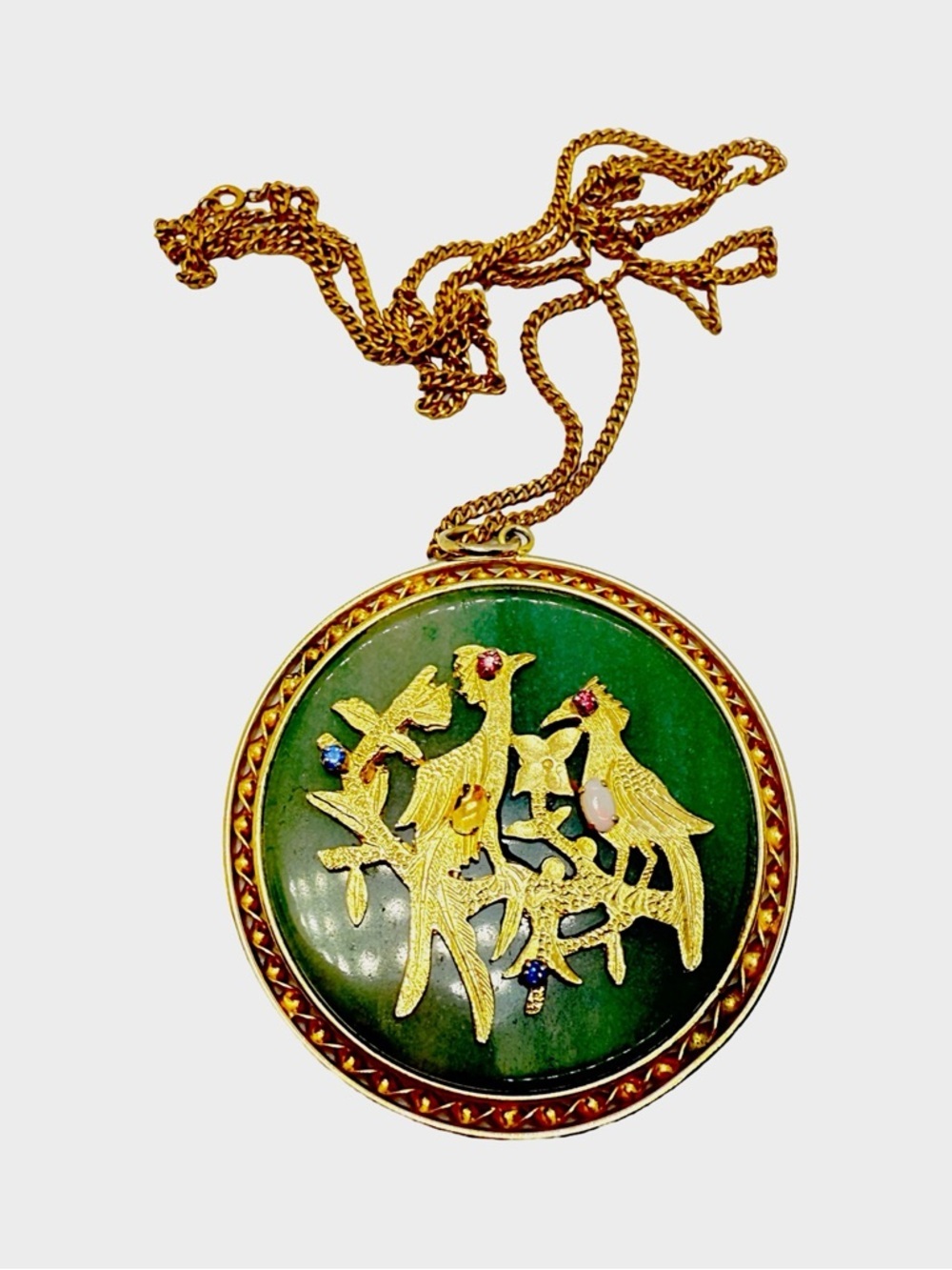 Gold-Tone Green Jade Enamel Bird Pendant Necklace - Elegant Women's Jewelry - Picture 1 of 4